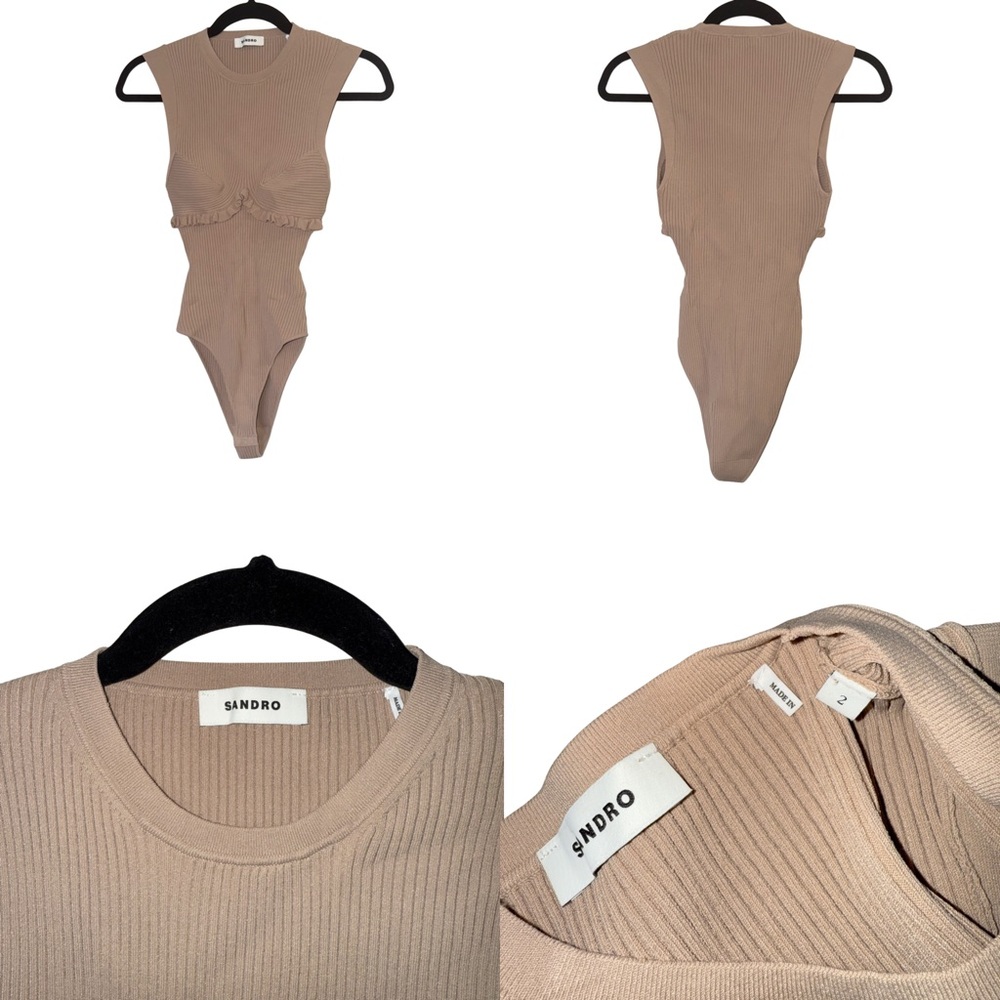 Sandro Tan Ribbed Knit Ruffle Bustier Bodysuit